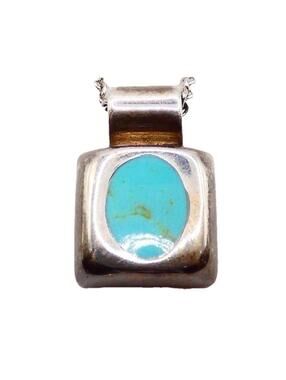 Sterling Silver 925 Square Turquoise Cabochon Navajo Pendant 11” Necklace 9.38g